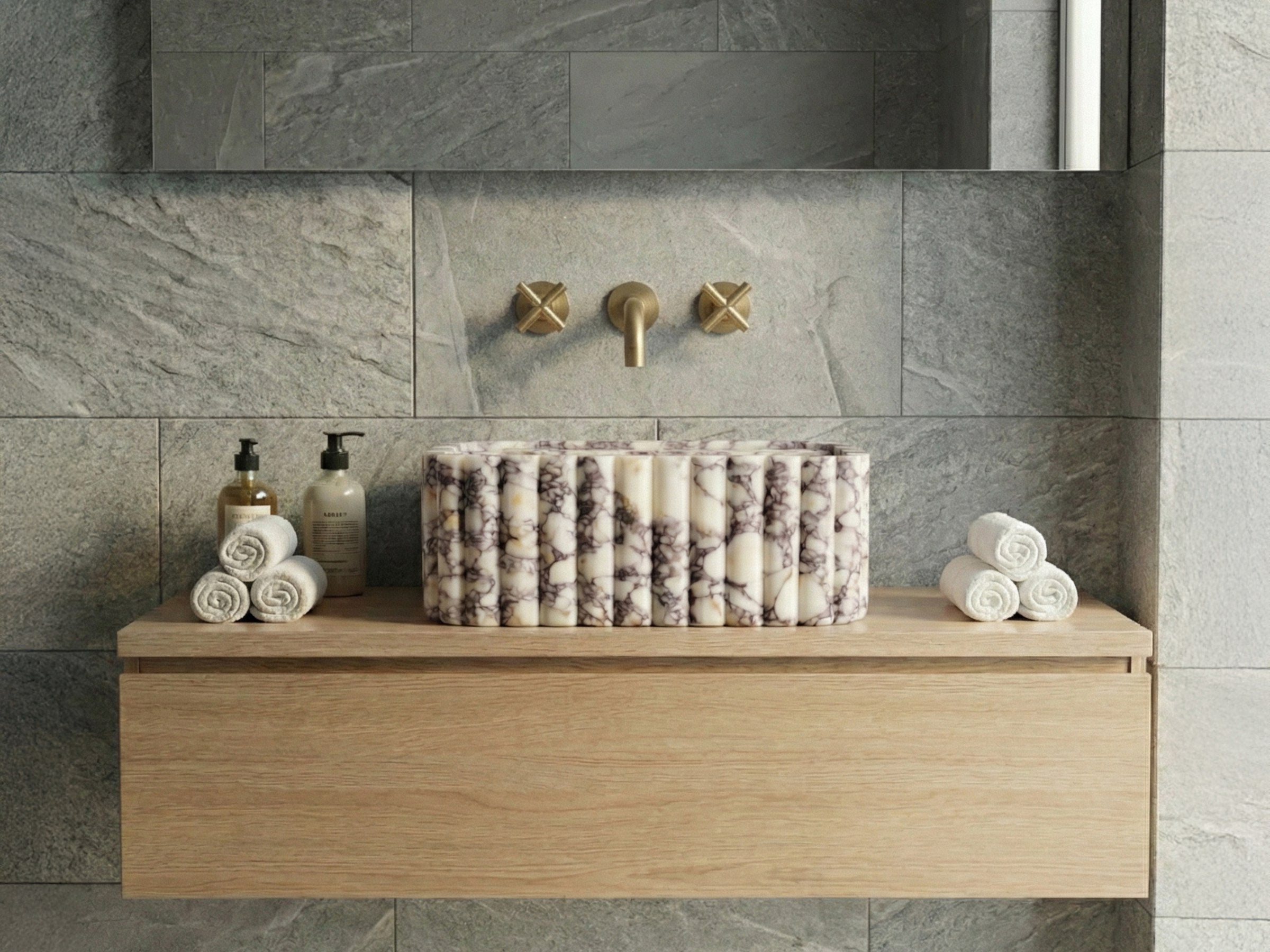 Calacatta Viola Fluted Marble Vessel Sink - wall mounted marble sink