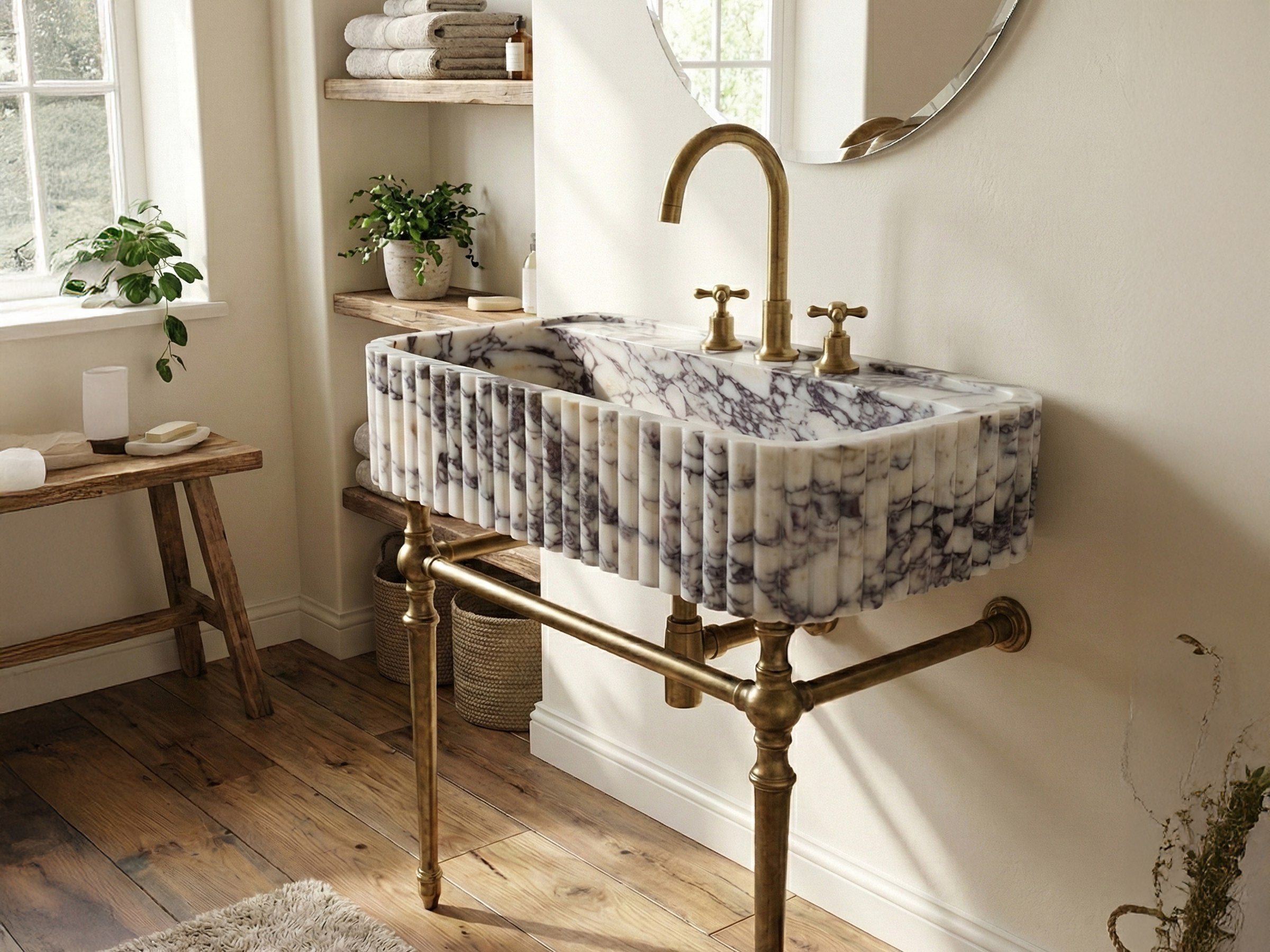 Calacatta Viola Marble Sink with Brass Frame - luxury calacatta