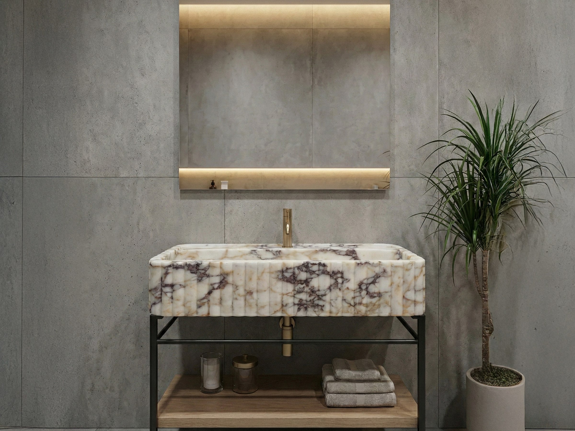 Calacatta Viola Marble Sink with Metal Stand - wall mounted marble sink