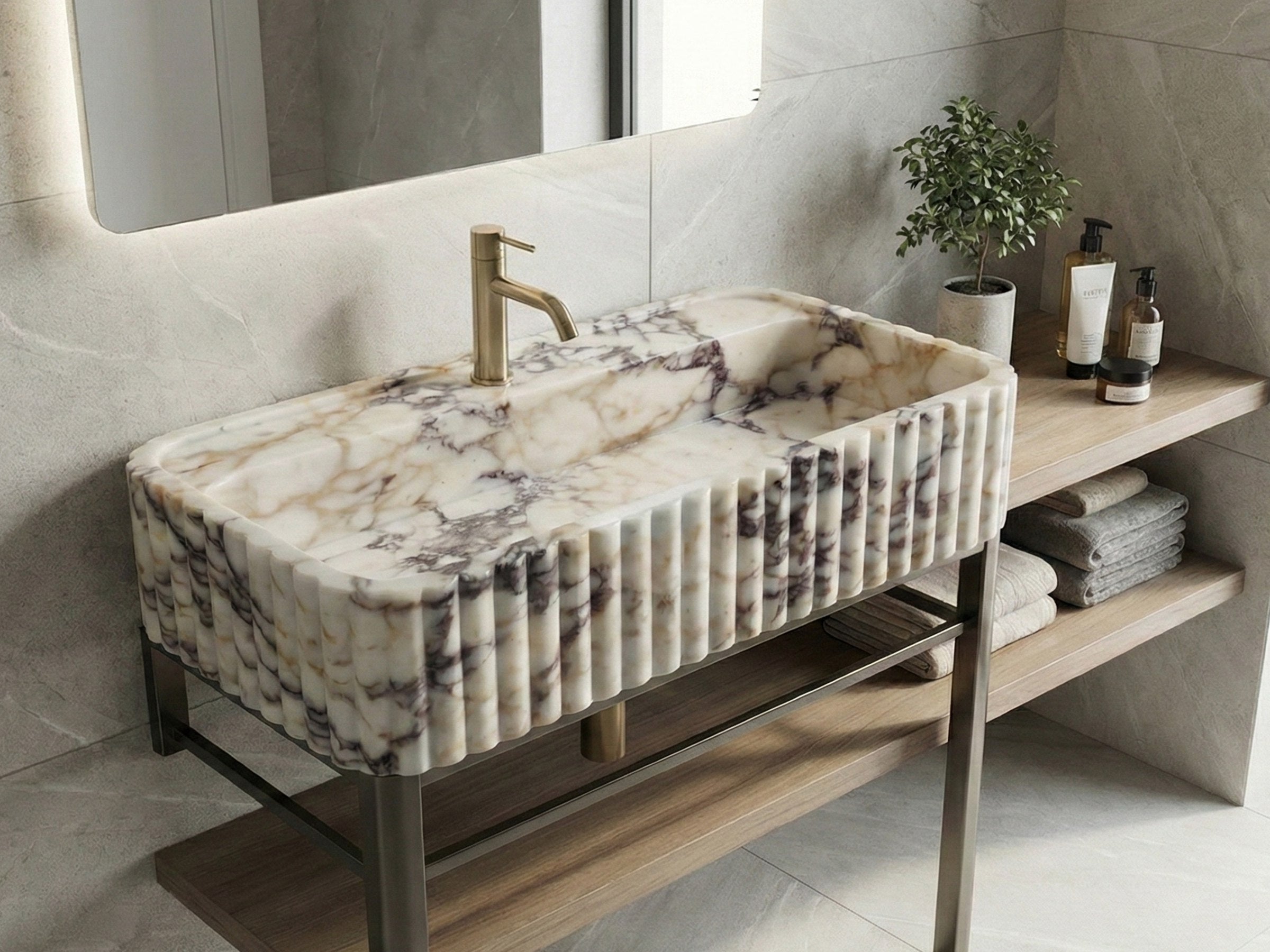 Calacatta Viola Marble Sink with Metal Stand - luxury marble vanity