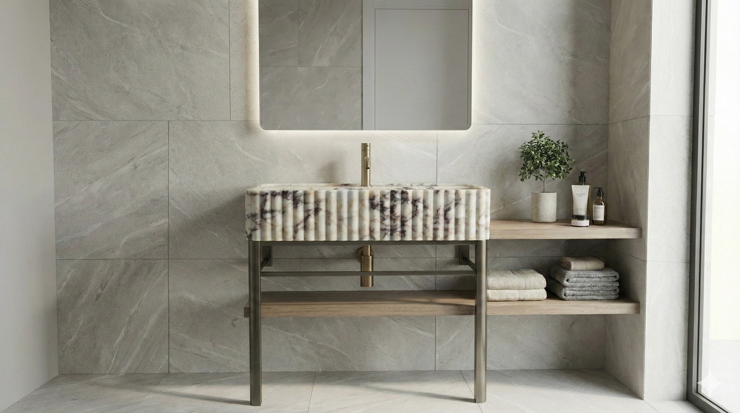 Calacatta Viola Marble Sink with Metal Stand - detail view 12