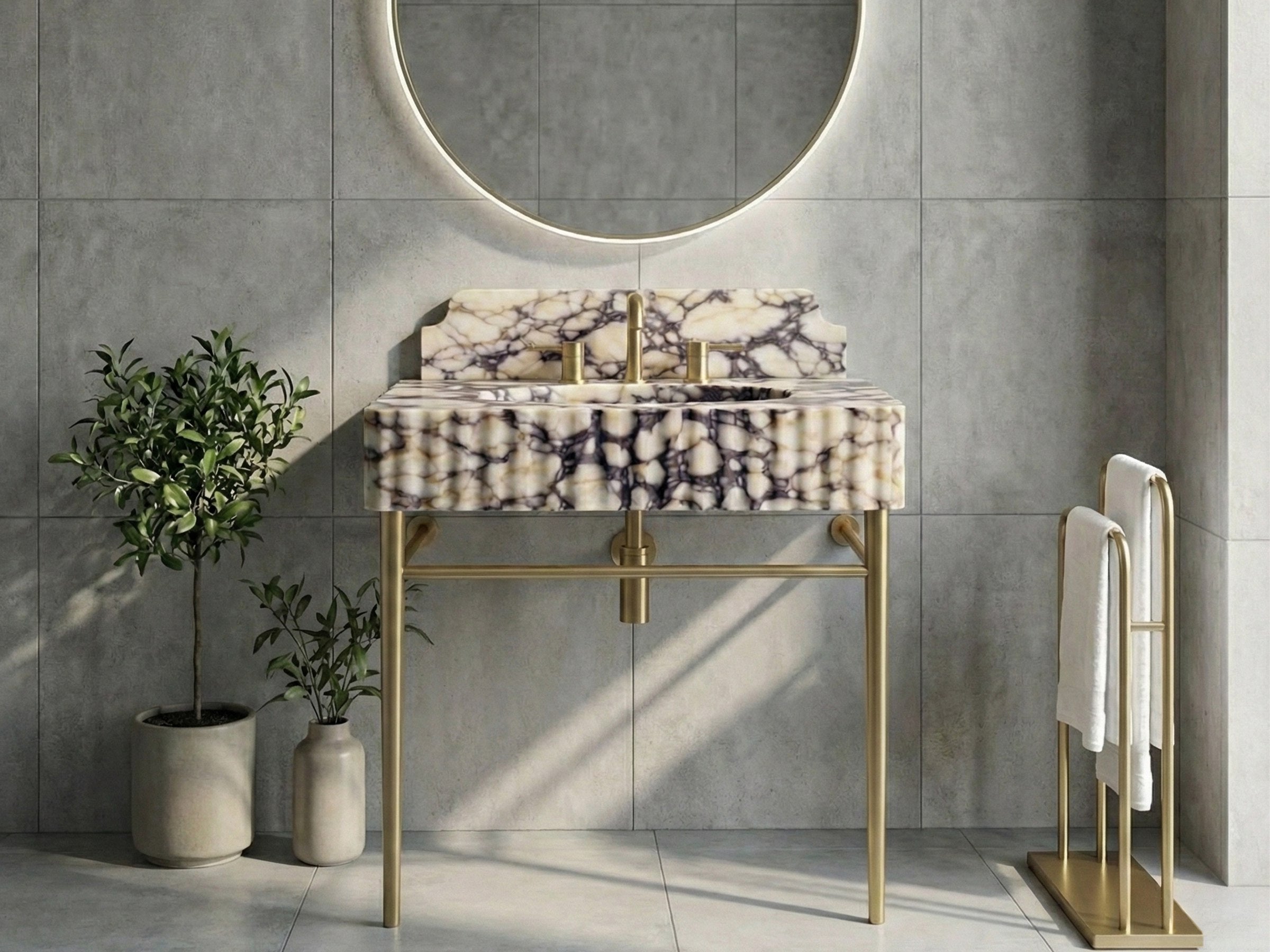 Calacatta Viola Marble Sink with Backsplash - wall mounted marble sink