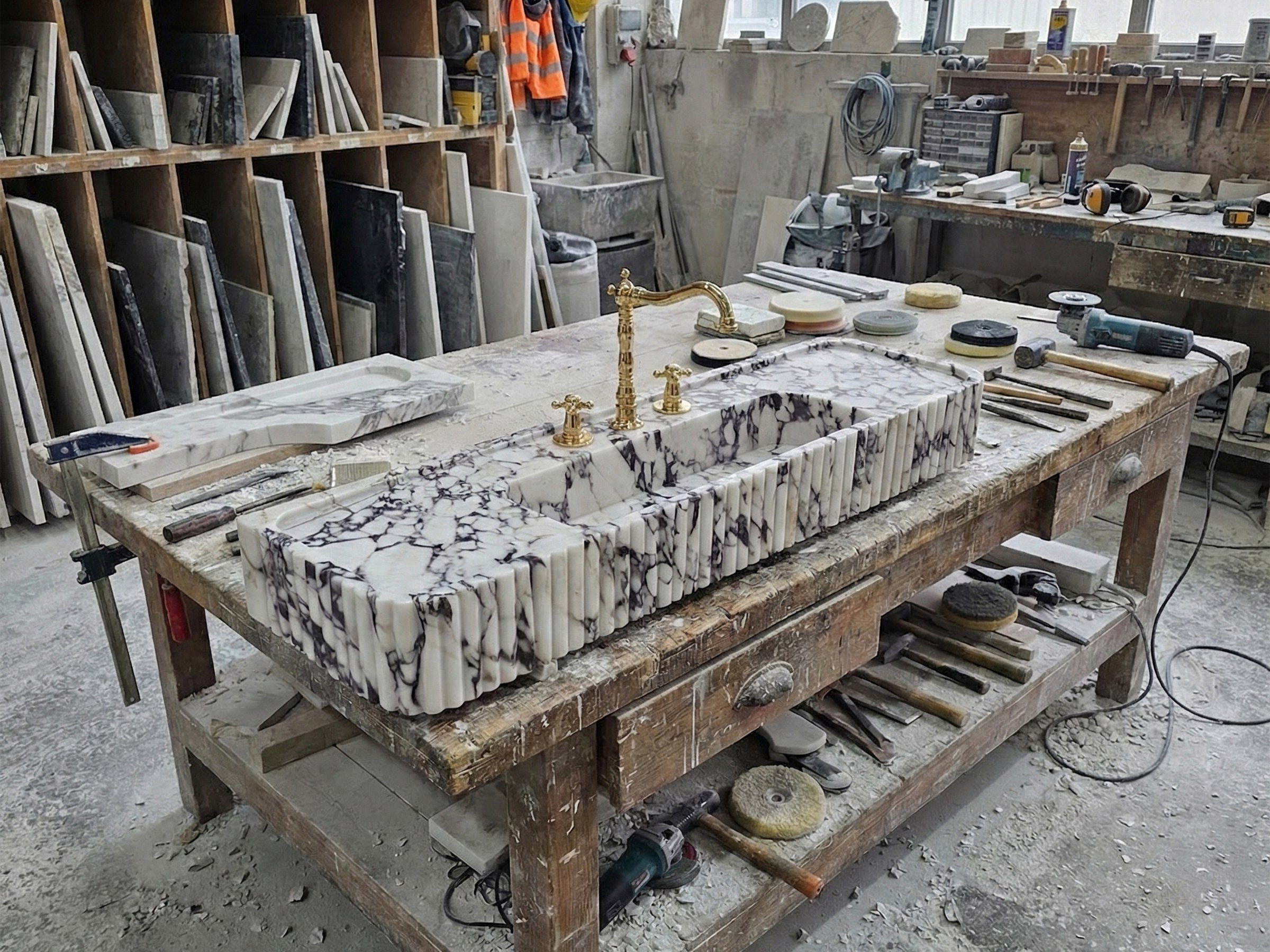 Long Calacatta Viola Marble Sink with Brass Stand - luxury marble vanity