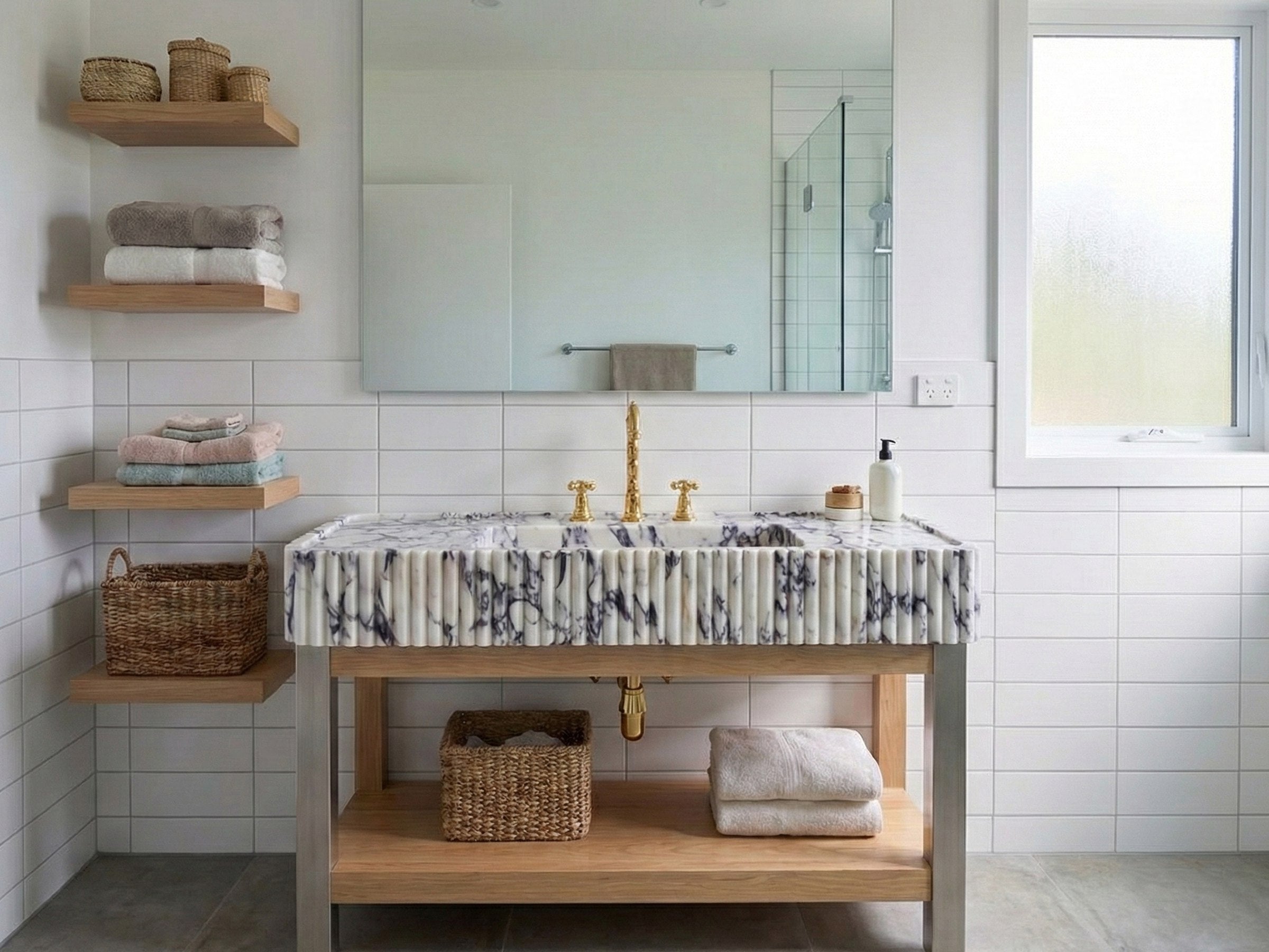 Long Calacatta Viola Marble Sink with Brass Stand - marble vanity