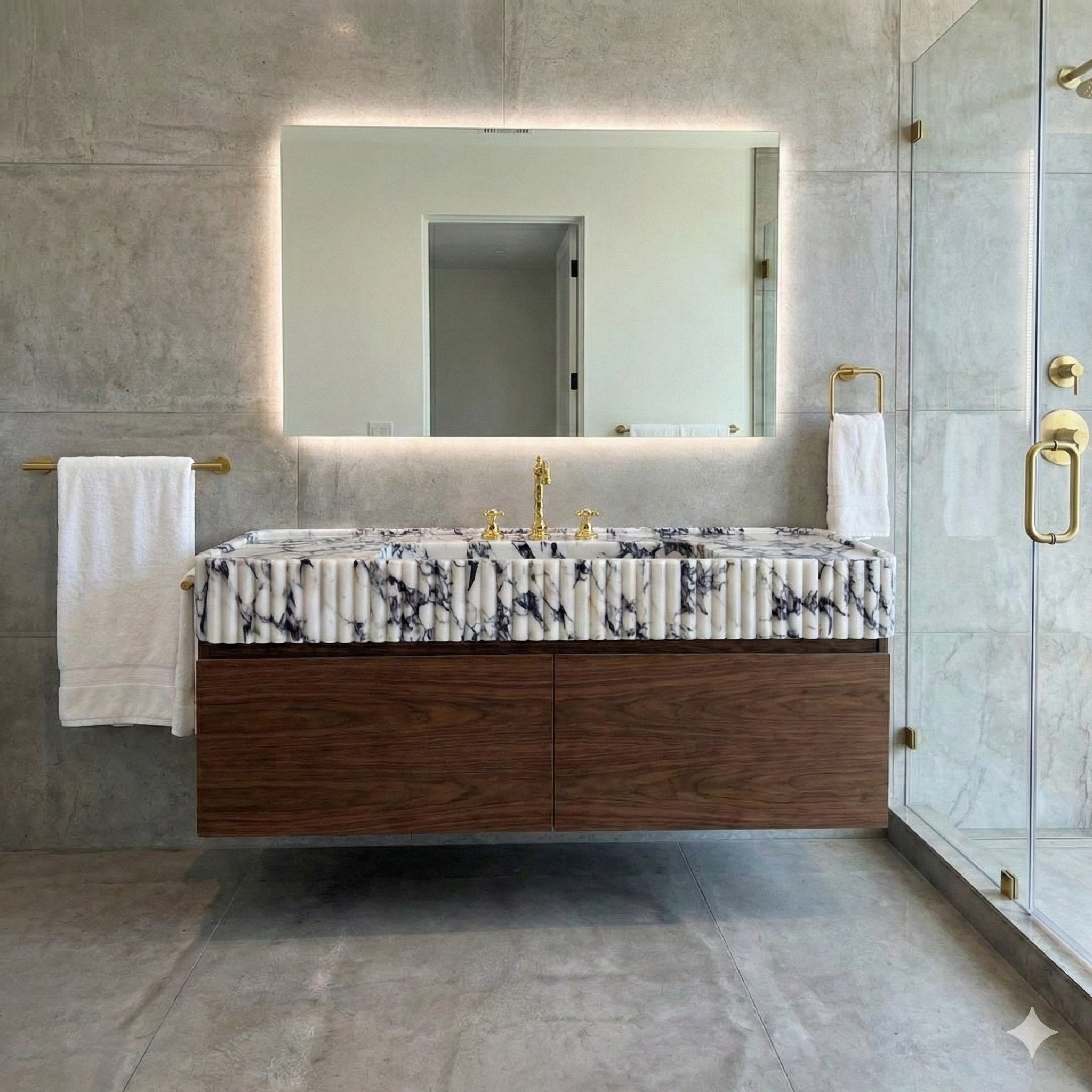 Long Calacatta Viola Marble Sink with Brass Stand - detail view 14