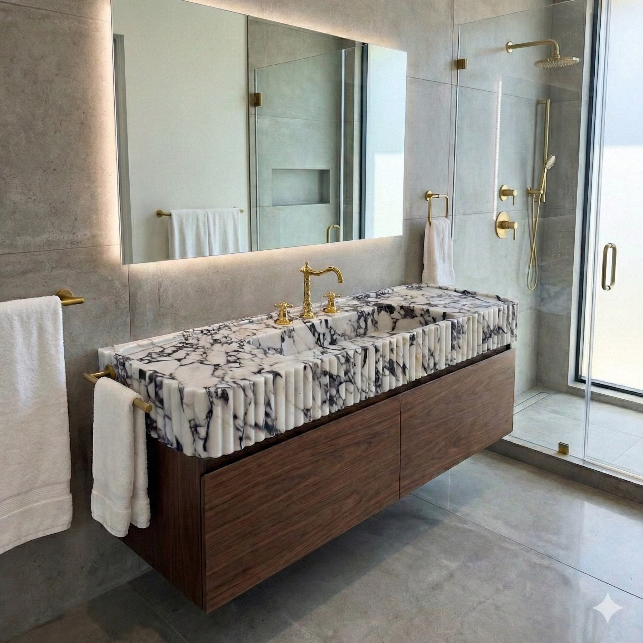 Long Calacatta Viola Marble Sink with Brass Stand - detail view 16