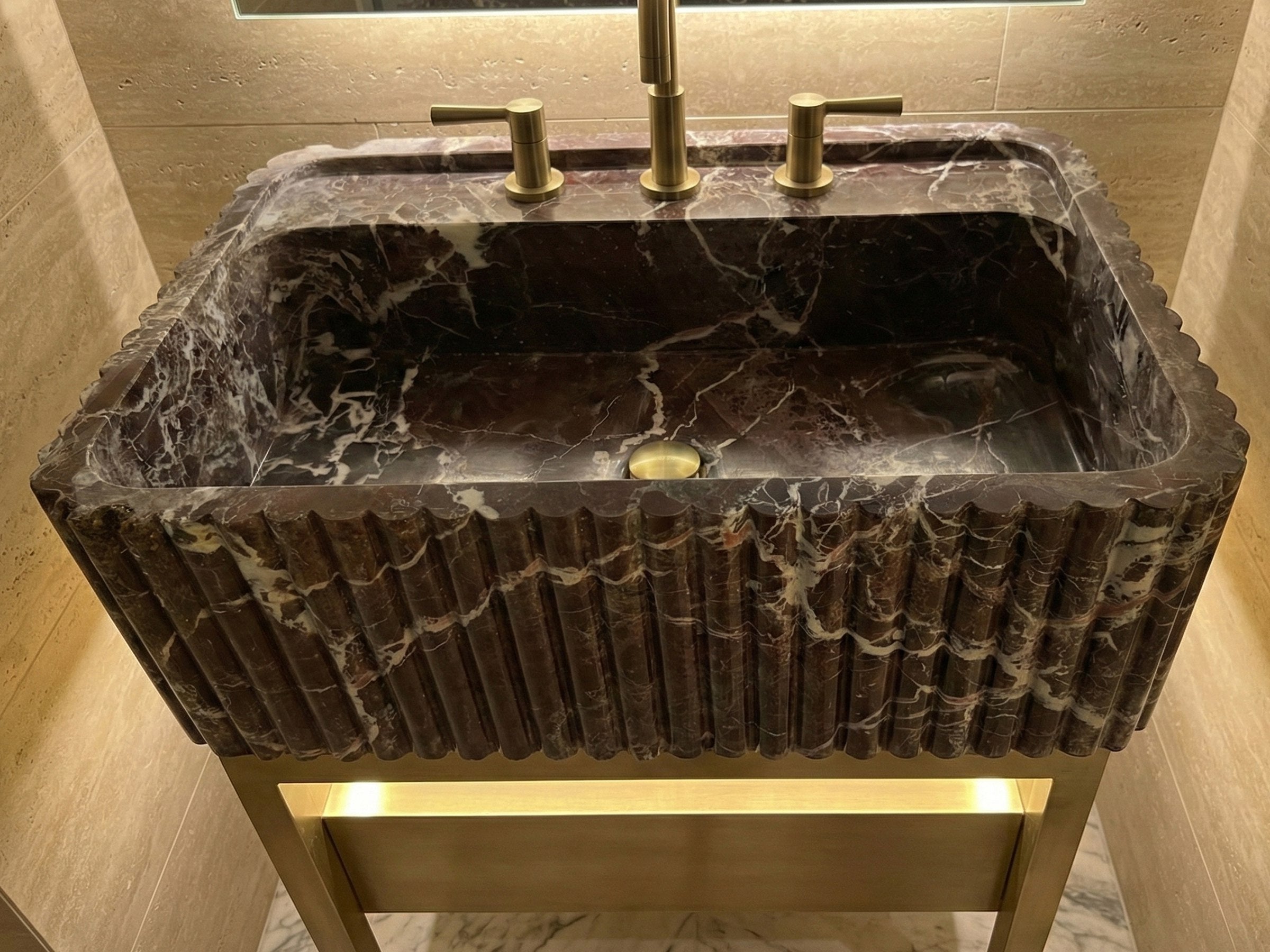 Rosso Levanto Fluted Marble Sink - high quality marble sink