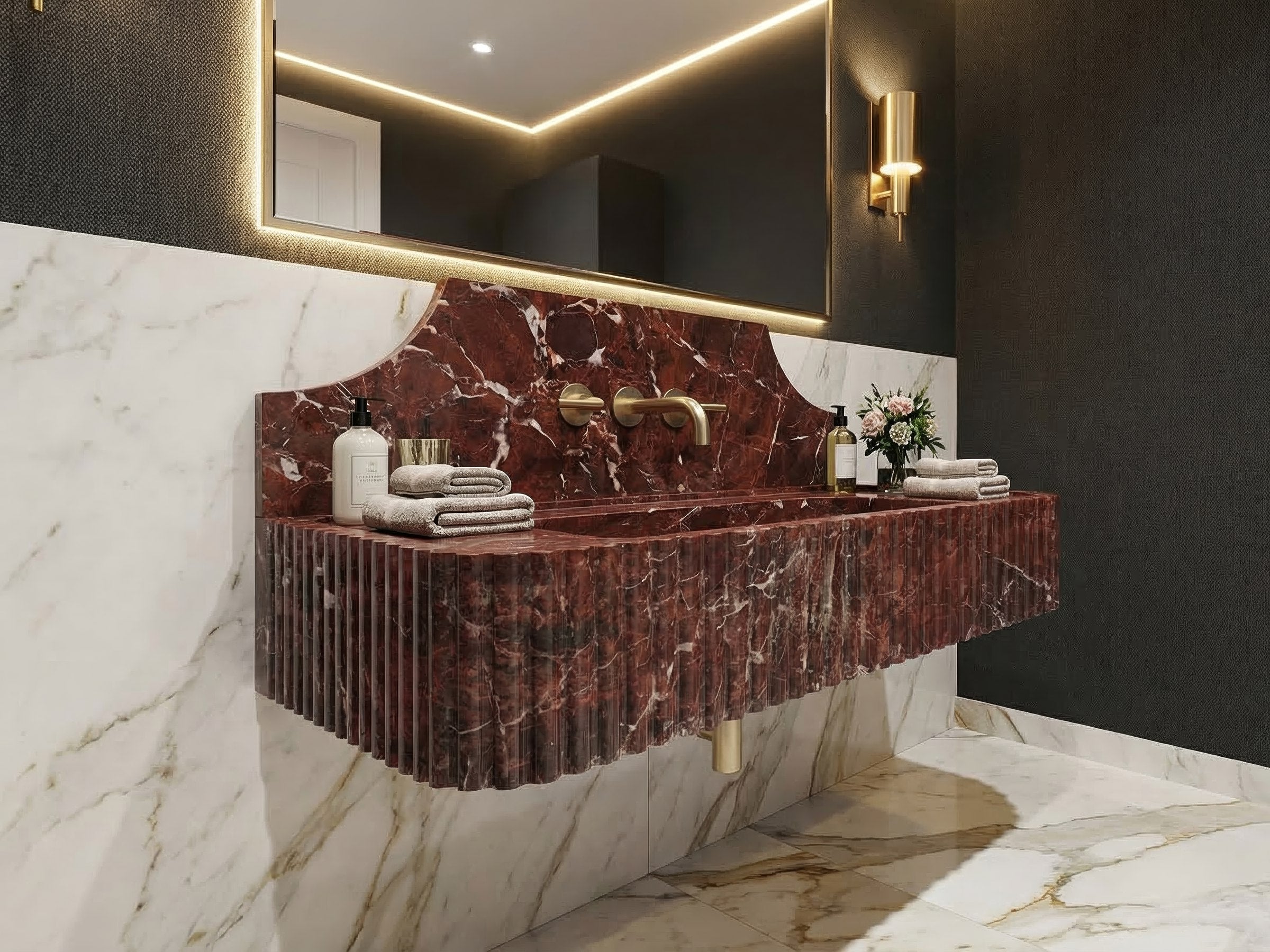 Rosso Levanto Marble Sink with Backsplash - handcrafted marble sink
