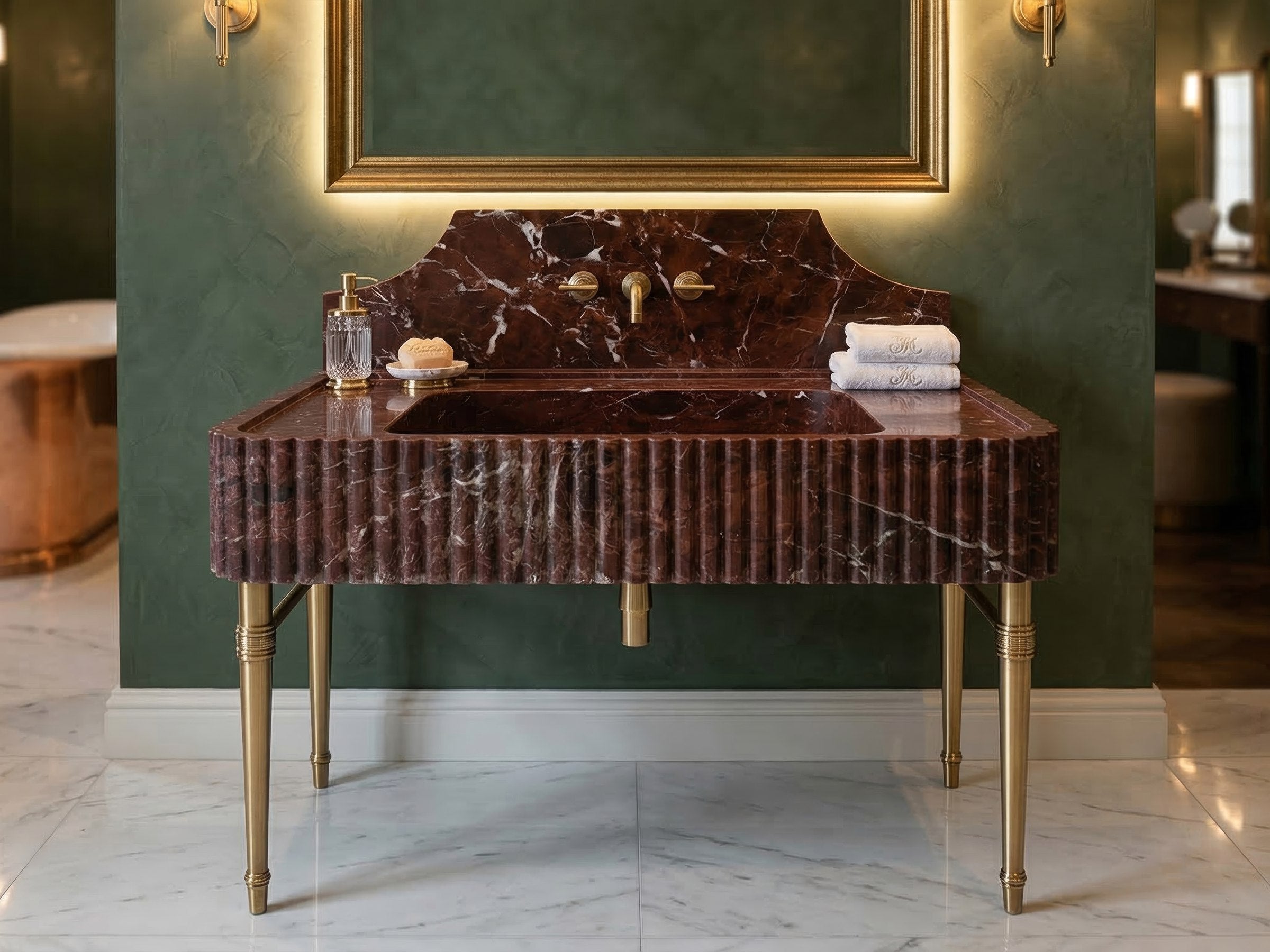 Rosso Levanto Marble Sink with Backsplash - marble vanity