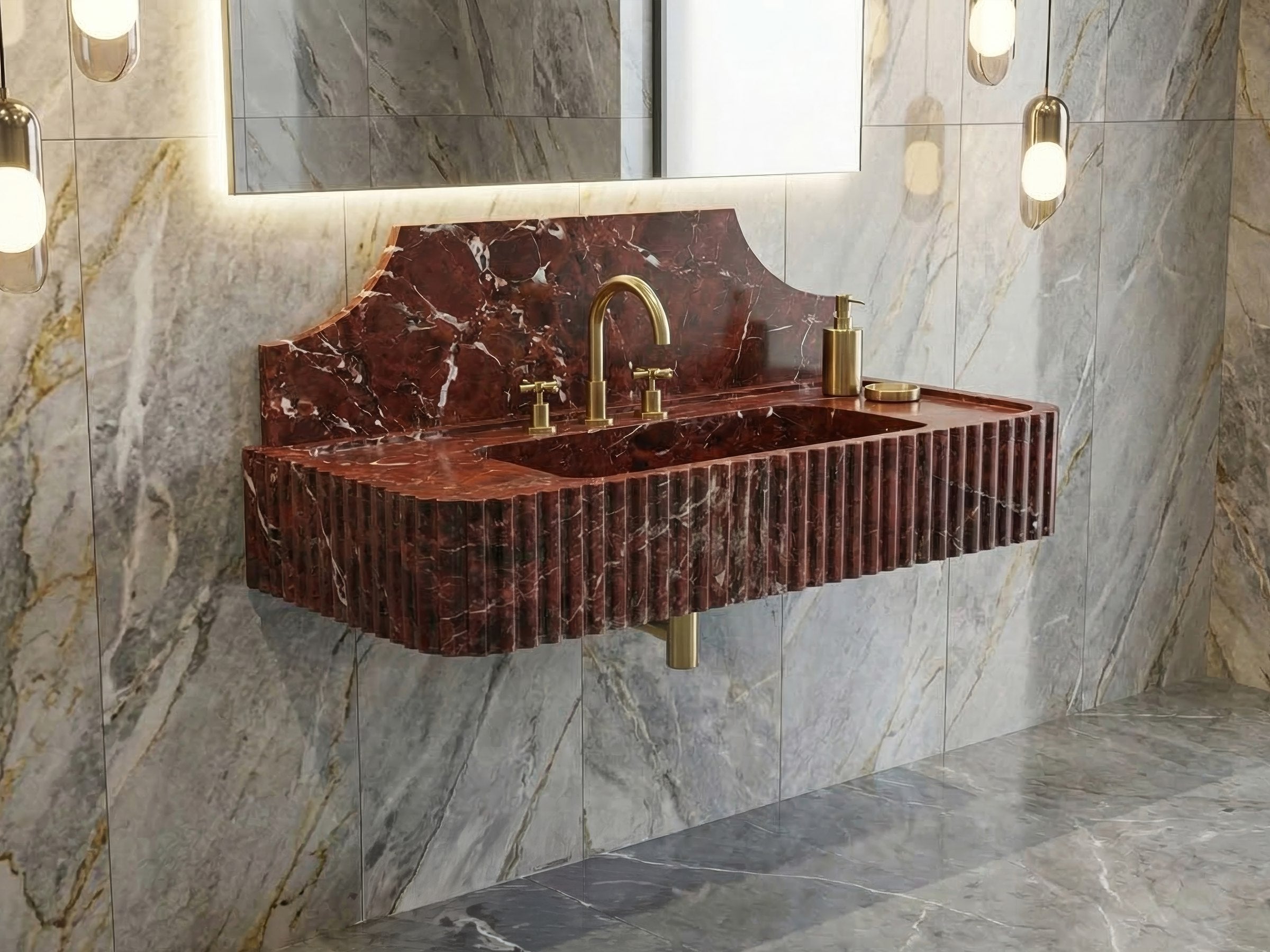 Rosso Levanto Marble Sink with Backsplash - rosso levanto sink