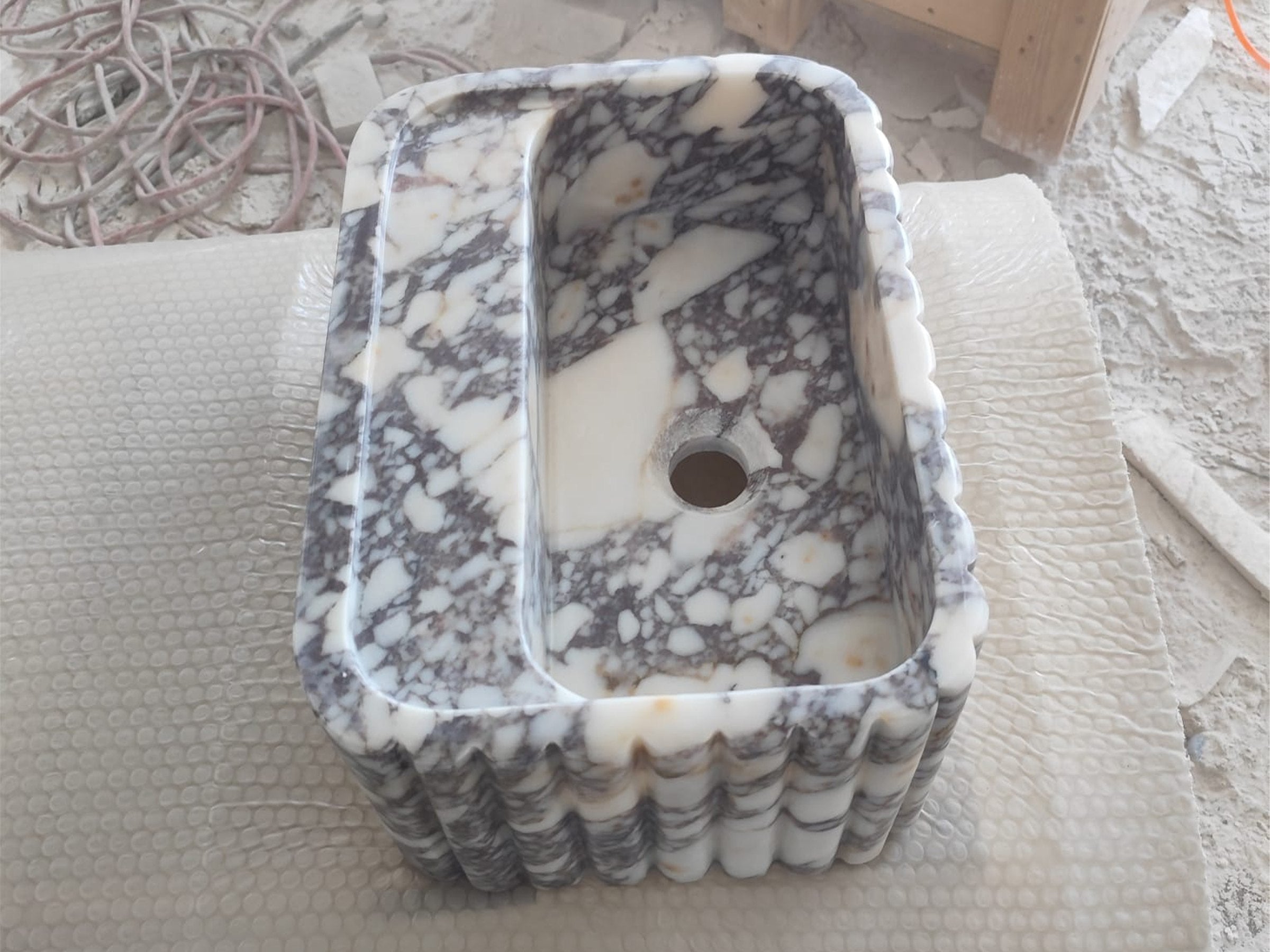 Calacatta Viola Fluted Marble Sink - handcrafted marble sink