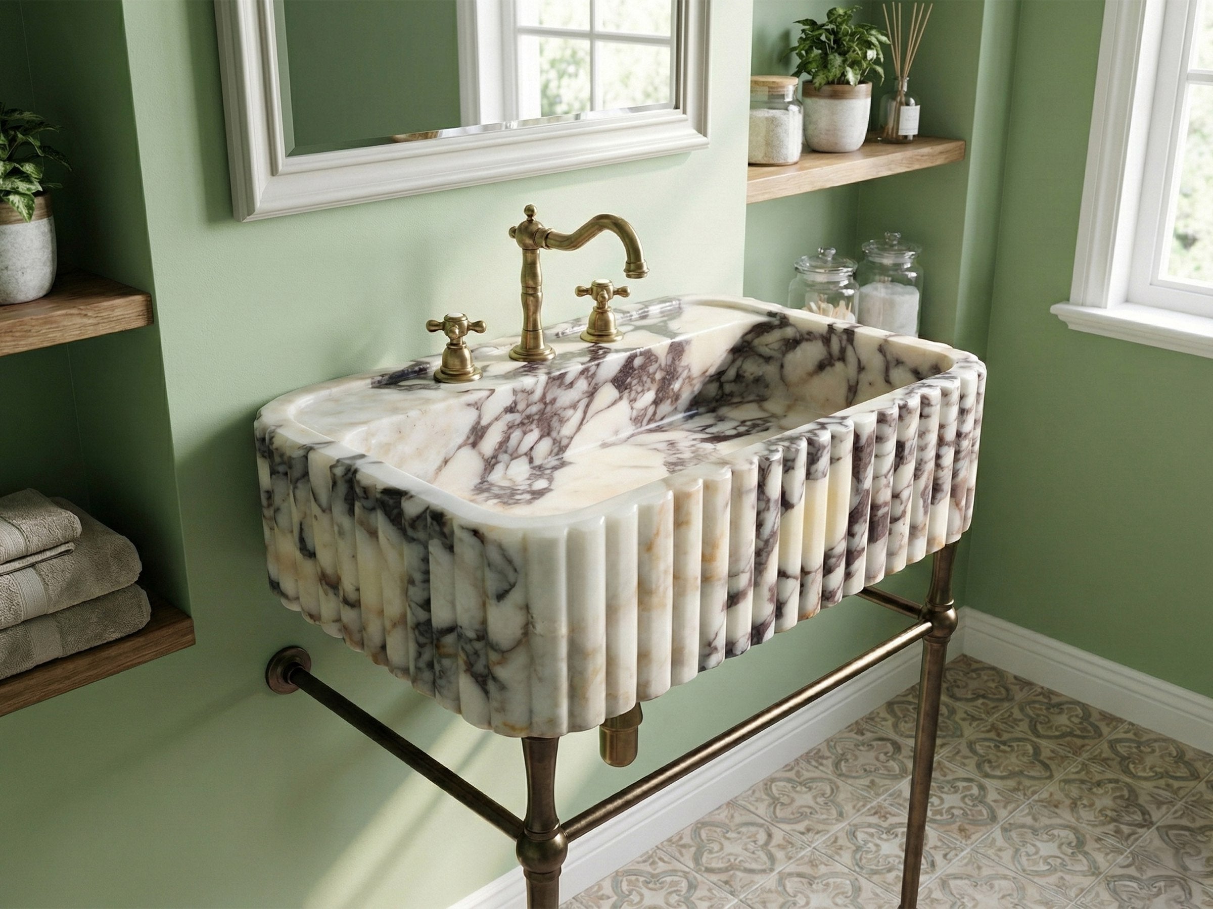 Calacatta Viola Marble Console Sink with Brass Stand - wall mounted marble sink