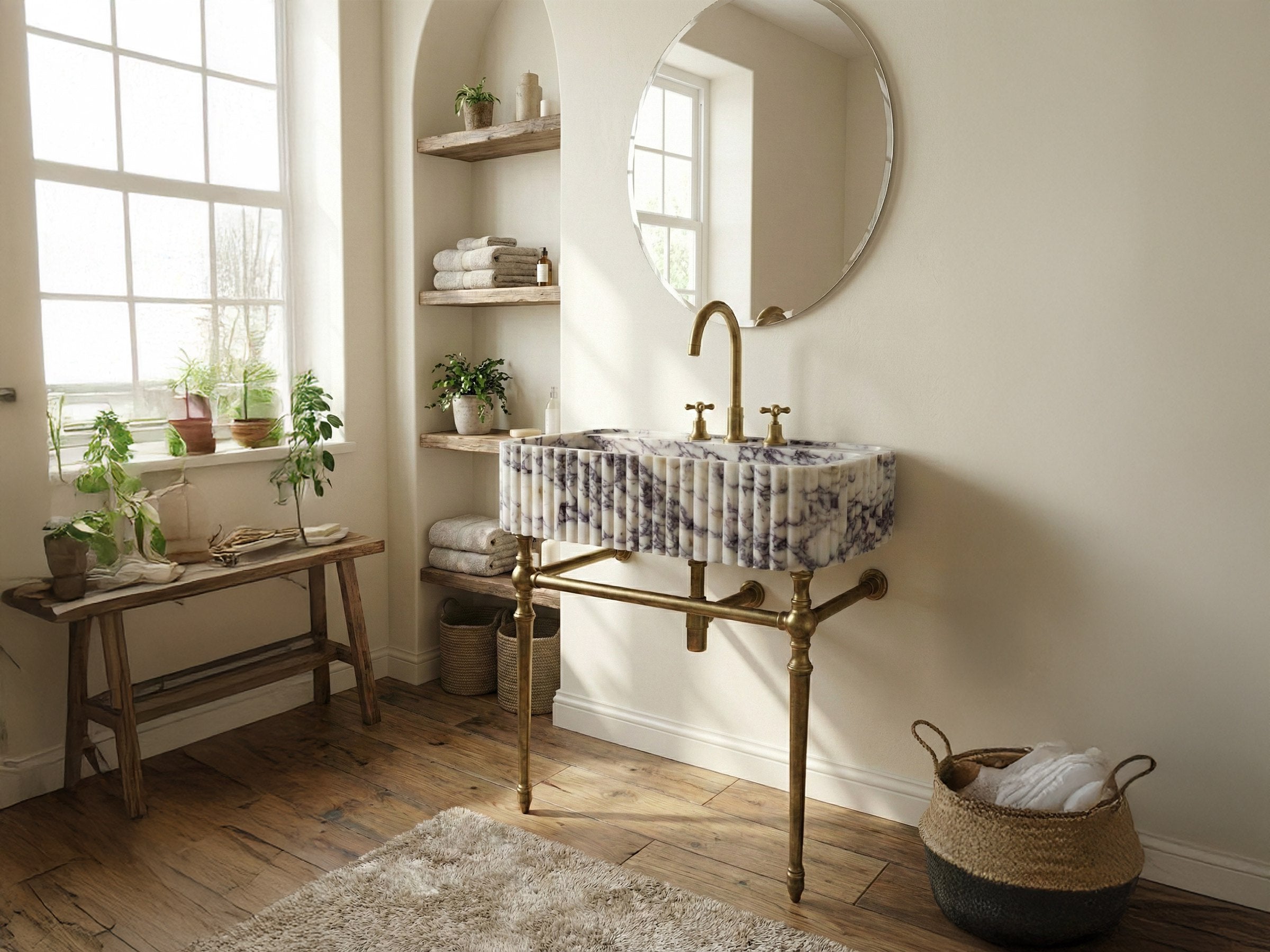 Calacatta Viola Marble Sink with Brass Frame - handcrafted marble sink