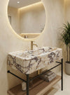 Calacatta Viola Marble Sink - Metal Stand Optional styled in a luxury bathroom with natural Calacatta Viola marble