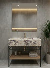 Calacatta viola marble sink with metal stand shown for a made-to-order vanity project