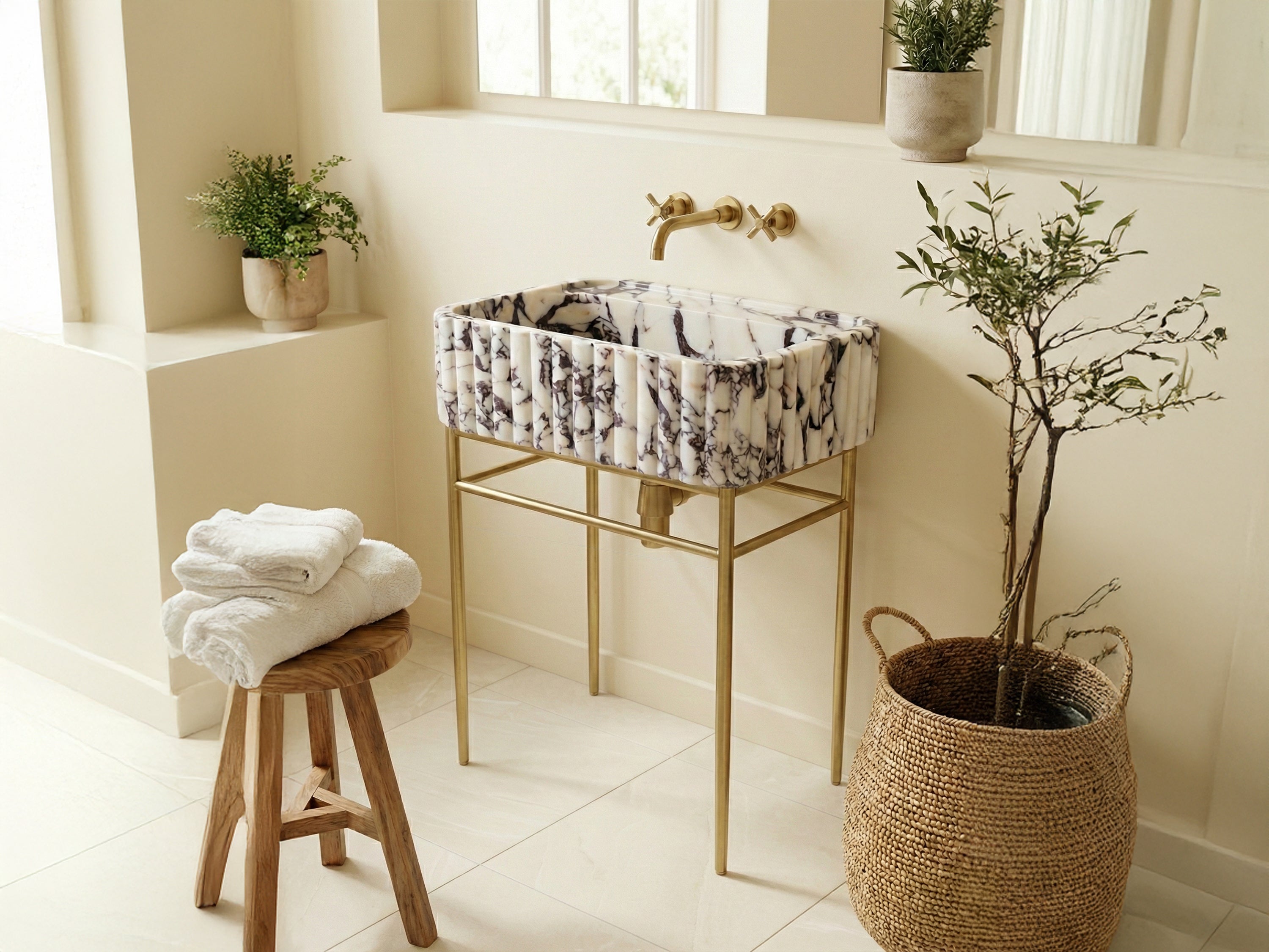 Calacatta Viola Marble Sink with Brass Stand - RM-008 - calacatta viola marble sink product photo