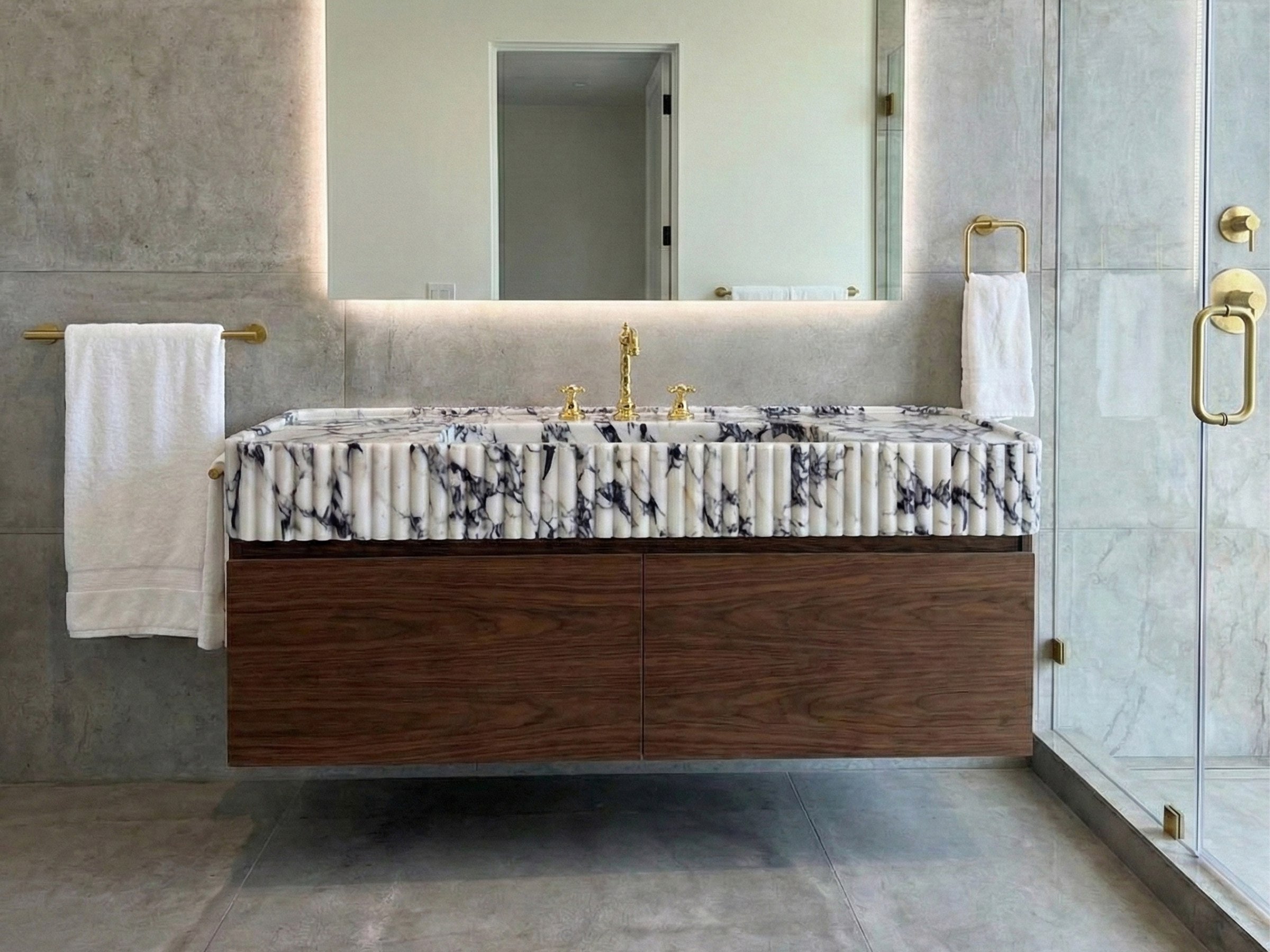 Long Calacatta Viola Marble Sink with Brass Stand - wall mounted marble sink
