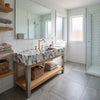Close-up of Calacatta Viola marble veining on a long Calacatta Viola marble sink