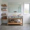 Hand-carved long console sink with brass stand profile for a custom marble bathroom sink