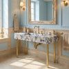 Long calacatta viola marble sink shown for a made-to-order vanity project