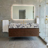 Designer bathroom view of a long Calacatta Viola marble sink for custom interiors