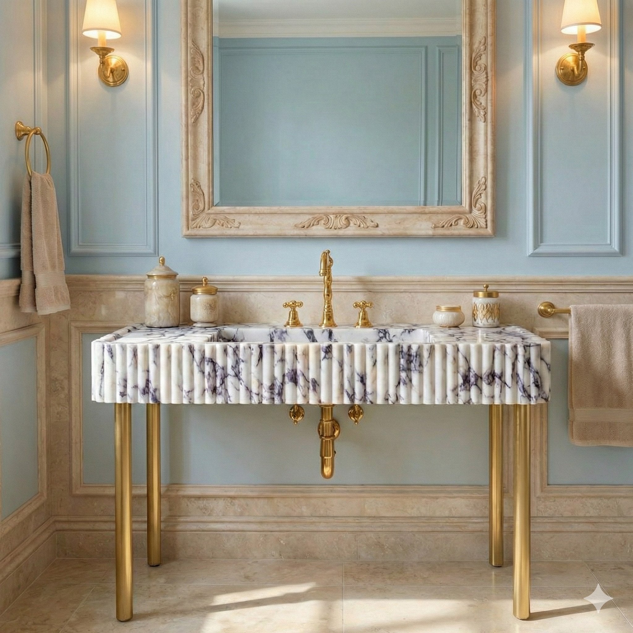 Long Calacatta Viola Marble Sink with Brass Stand - detail view 15