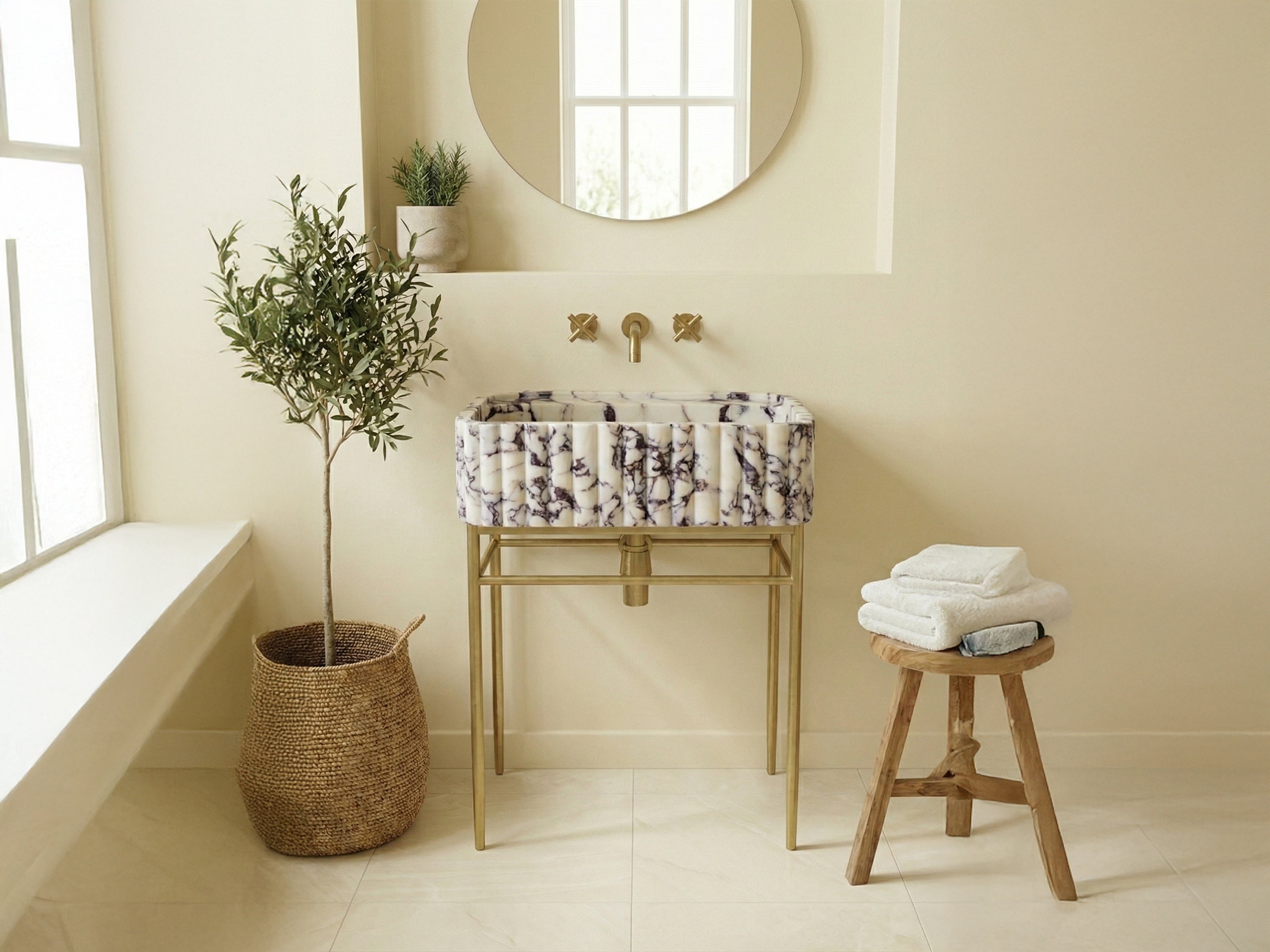 Calacatta Viola Marble Sink with Brass Stand - RM-008 - marble atelier product photo