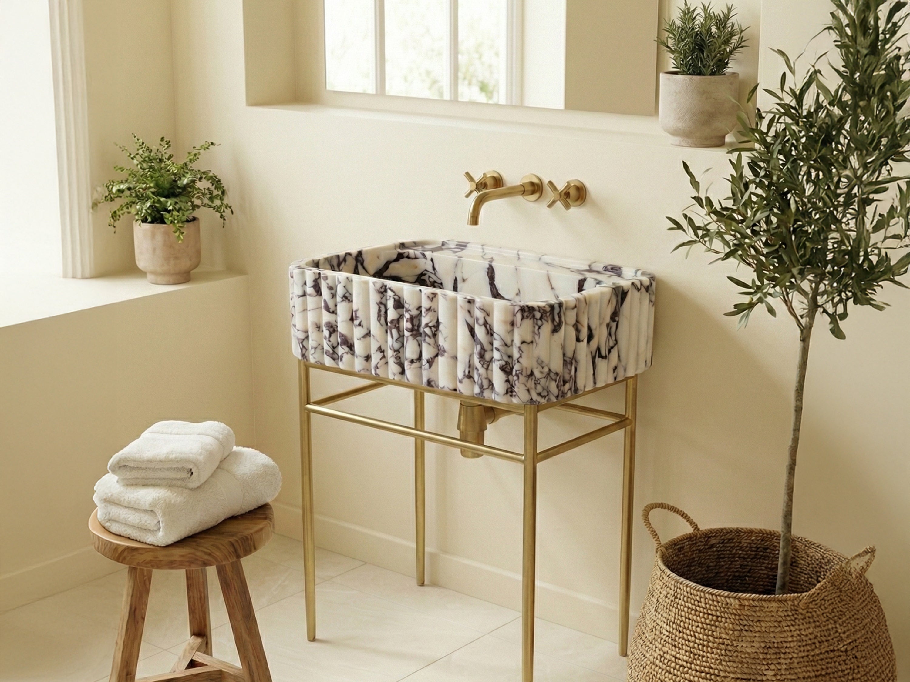 Calacatta Viola Marble Sink with Brass Stand - RM-008 - marble vanity product photo