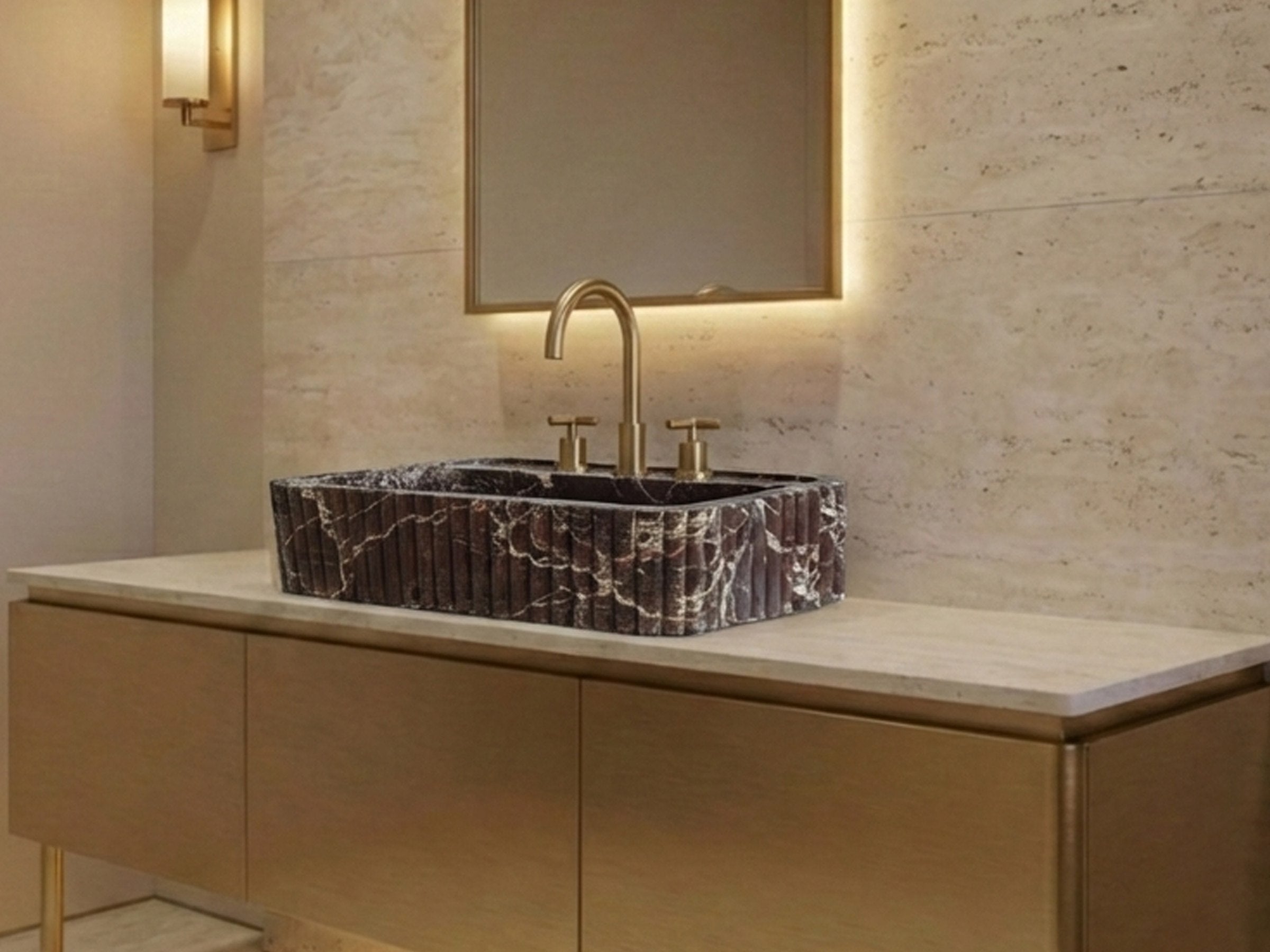 Rosso Levanto Fluted Marble Sink - luxury marble sink
