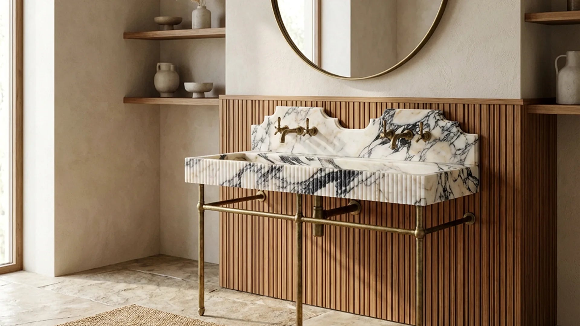 Calacatta Viola marble sink with a brass stand in a bathroom interior